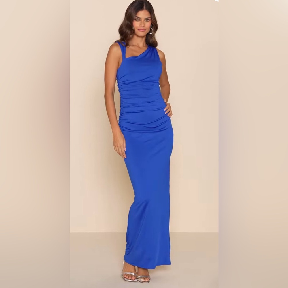 Lulus Enticing Darling Royal Blue Asymmetrical Ruched Maxi Dress S NWT